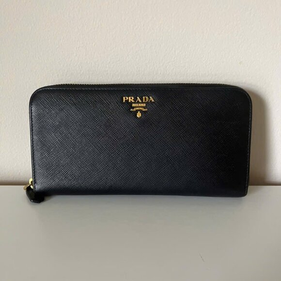 PRADA Saffiano Metal Zip Around Wallet Black - Picture 1 of 8